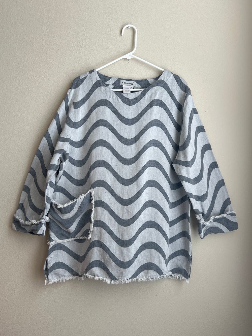 A La Carte Gray Blue Wave Print Linen Cotton Frayed Pocket Tunic Top XXL